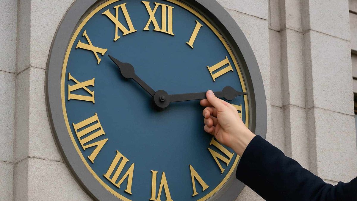 Україна переходить на зимовий час: 26 жовтня Синій вуличний годинник зі стрілками і рука, що переводить їх