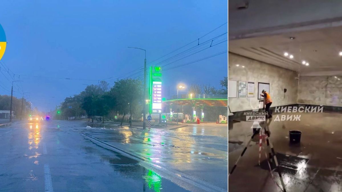 На Дорогожичах прорвало трубу: підтоплено вестибюль метро та перекрито вулицю Іллєнка (відео) Підтоплена вулиця на Дорогожичах, поруч працівник, який прибирає воду в підтопленому вестибюлі метро