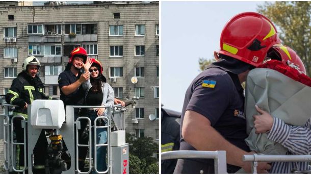 Київський рятувальник освідчився коханій на автодрабині під час навчань Врятовані пожежники на висоті, підтримуючи мешканців під час пожежі у багатоповерховому будинку у Києві.