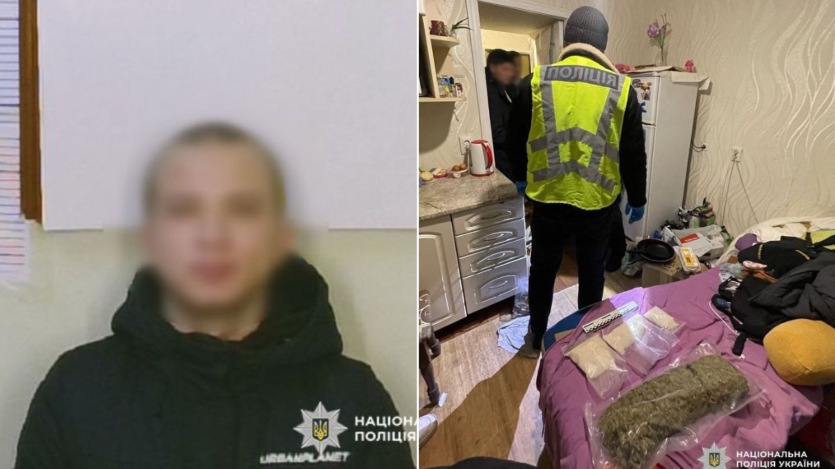 Деснянський суд Києва засудив 22-річного наркоділка до дев’яти років розмите фото чоловіка у темній куртці, поруч поліцейський у світловідбивному жилеті проводить обшук у квартирі