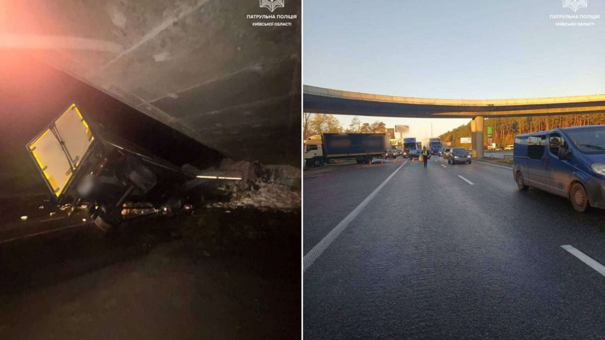 Затор на в’їзді в Київ із Житомирської траси: фура влетіла в міст, водій загинув (відео) (оновлено) Перекинута вантажівка в тунелі, дим. Пробка на трасі під мостом