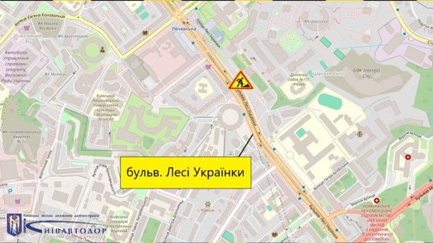 Бульвар Лесі Українки: рух частково перекриють на 5 днів Карта Києва з позначенням вулиць, які будуть перекриті