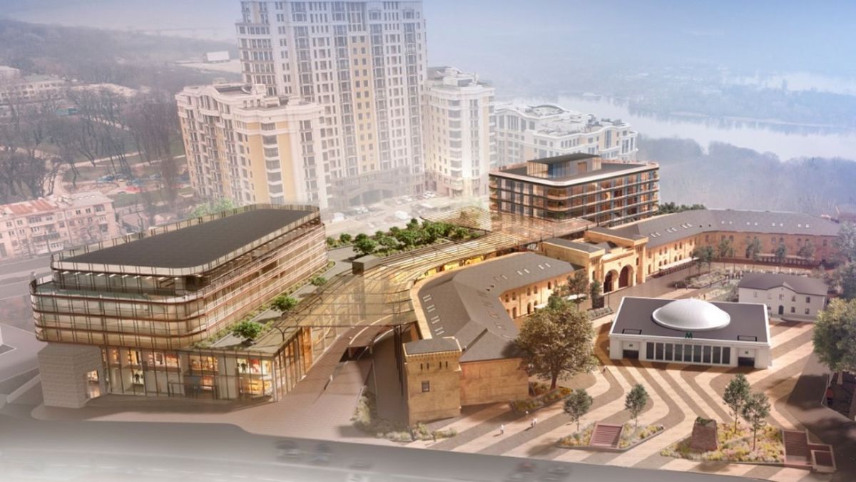 Біля метро «Арсенальна» у Києві можуть звести 6-поверховий ТЦ з офісами Візуалізація сучасного архітектурного комплексу, що поєднує історичні будівлі з новими скляними спорудами