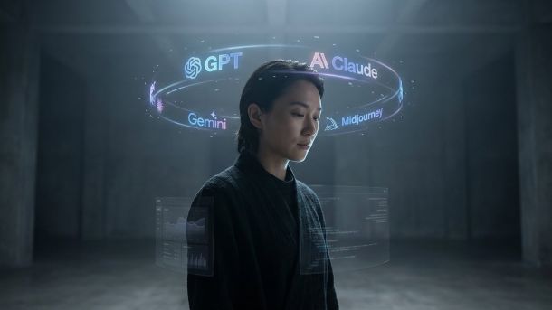 Як Nvidia перетворює електрони на мільярди Жінка у центрі цифрового кола з логотипами ШІ-інструментів: GPT, Claude, Gemini, Midjourney
