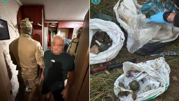 На Київщині в Добропарку облаштували найбільшу гарбузову локацію області (фото) Ліворуч: силовики у камуфляжі проводять обшук у квартирі, де стоїть чоловік із розмитим обличчям. Праворуч: на траві лежать відкриті пакети з боєприпасами