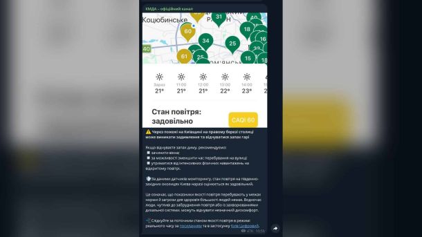 ЄІБ профінансує фабрику-кухню у Вишневому та ще чотири в Україні Скриншот повідомлення КМДА про можливе задимлення у Києві через пожежі на Київщині та стан повітря CAQI 60
