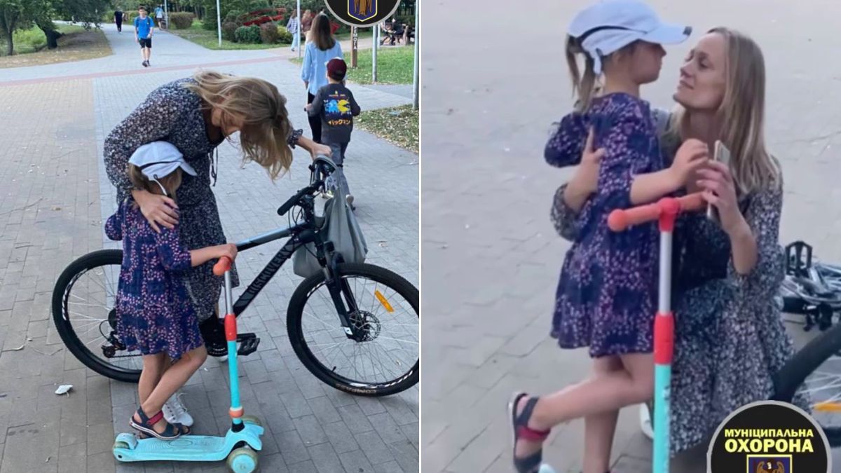 Муніципальна охорона Києва допомогла 5-річній дівчинці знайти маму в парку «Перемога» Жінка в сукні з квітковим візерунком обіймає маленьку дівчинку в кепці, яка стоїть на дитячому самокаті
