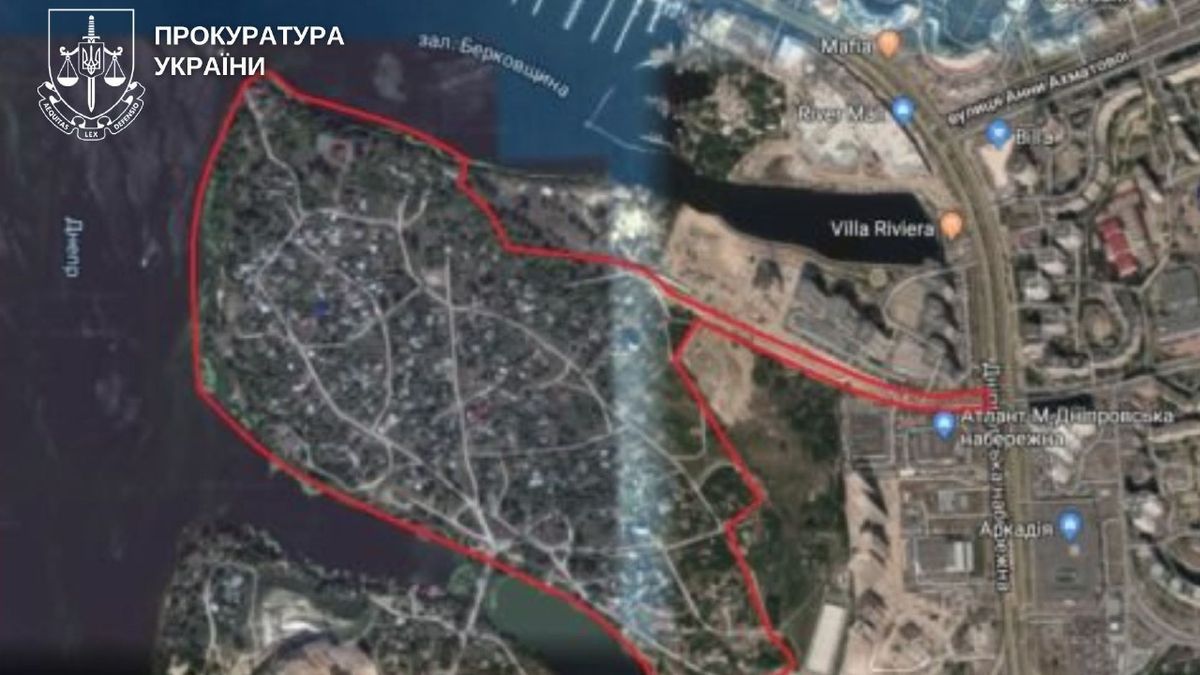 Київська прокуратура повернула місту 40 га землі на Позняках, яку орендувала фірма Медведчука Супутниковий знімок з нанесеними червоними межами території на березі Дніпра