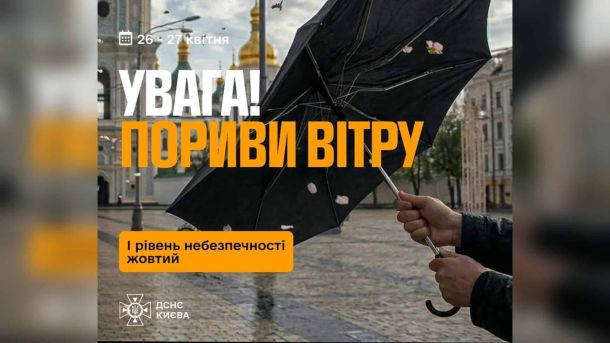 ДСНС попереджає: пориви вітру 15–20 м/с у Києві 26–27 квітня Попередження ДСНС Києва про пориви вітру 15-20 м/с у столиці 26-27 квітня 2026 жовтий рівень небезпечності