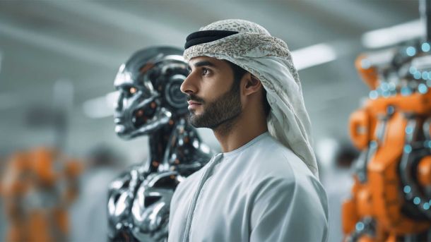 Google Maps отримує Gemini: голосова навігація та розпізнавання місць Робот, який символізує ШІ та чоловік в арабському одязі