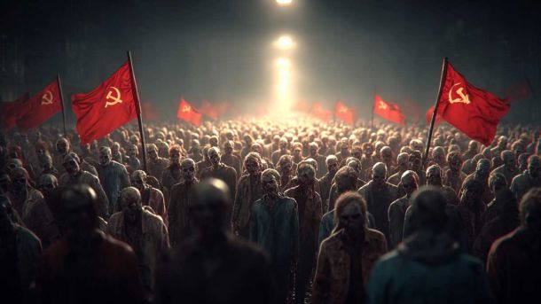 Економічна криза штовхає Путіна до переговорів Мертві з zombie-образами на чорному тлі з червоними прапорами з серпом і молотом, символами СРСР, у сцені, яка викликає відчуття апокаліпсису, для новин Києва.
