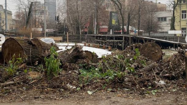 Прогноз погоди у Києві та області на 17 жовтня: без опадів і до +14° Зрізані стовбури великих дерев, що лежать серед гілок і землі на будівельному майданчику