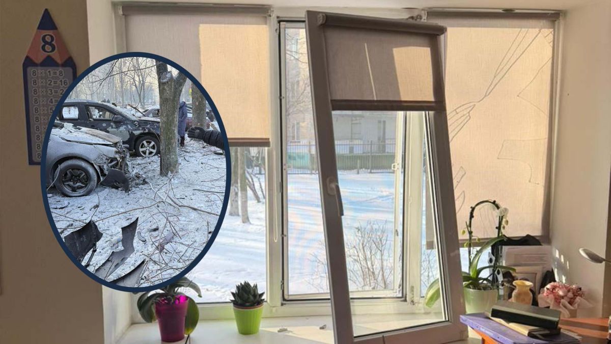 Дніпровський район без світла й тепла: 5635 будинків постраждали від нічної атаки Пошкоджені від російського удару автомобілі та вікно в будівлі (фотоколаж)