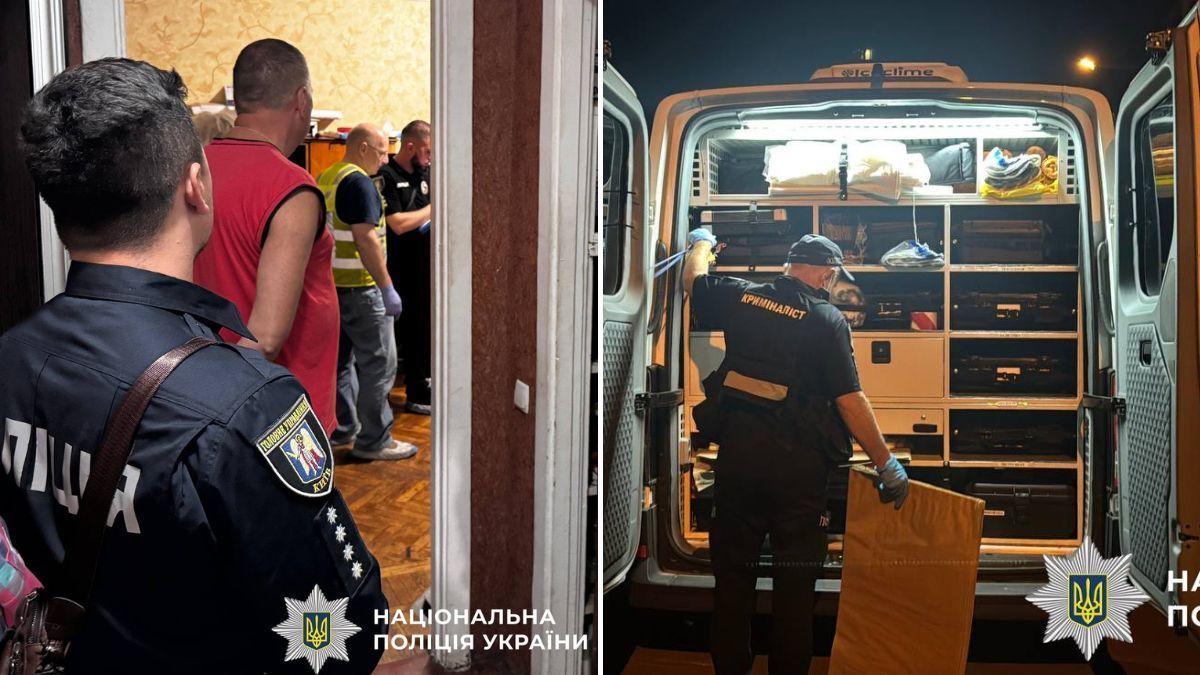 Подвійне вбивство в центрі Києва: загинули мати й донька, підозрюваний наклав на себе руки Поліція України проводить слідчі дії: на фото ліворуч – огляд квартири правоохоронцями, праворуч — криміналіст біля спецавтомобіля