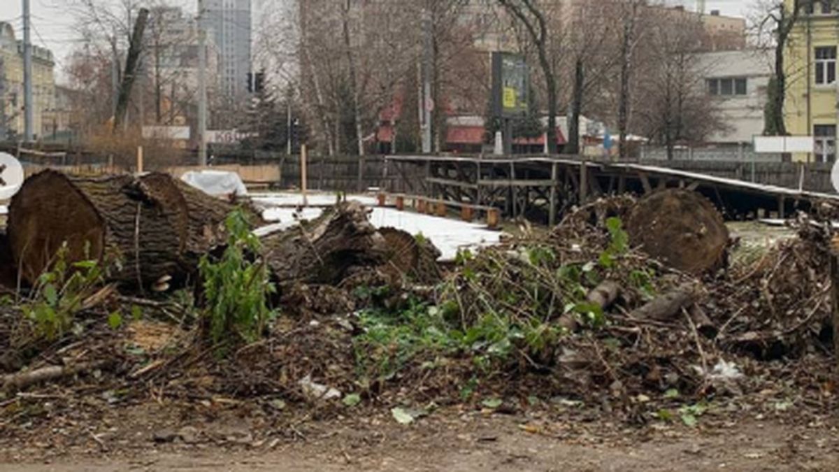 На Овруцькій почали будівництво храму УПЦ (МП) — замість скверу вирубані дерева Зрізані стовбури великих дерев, що лежать серед гілок і землі на будівельному майданчику
