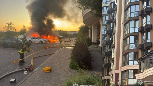 На Київщині попрощаються з 27-річною Анною, яка загинула, рятуючи сина під час російського удару Вогонь охопив кілька автомобілів на парковці, густий чорний дим піднімається в небо; пожежники гасять полум’я