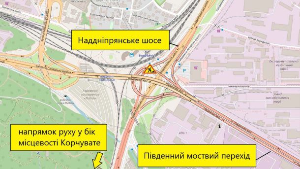Експерти пропонують відновити рух електротранспорту Дорожня схема, пов'язана з Південним мостом і позначенням місця ремонтних робіт