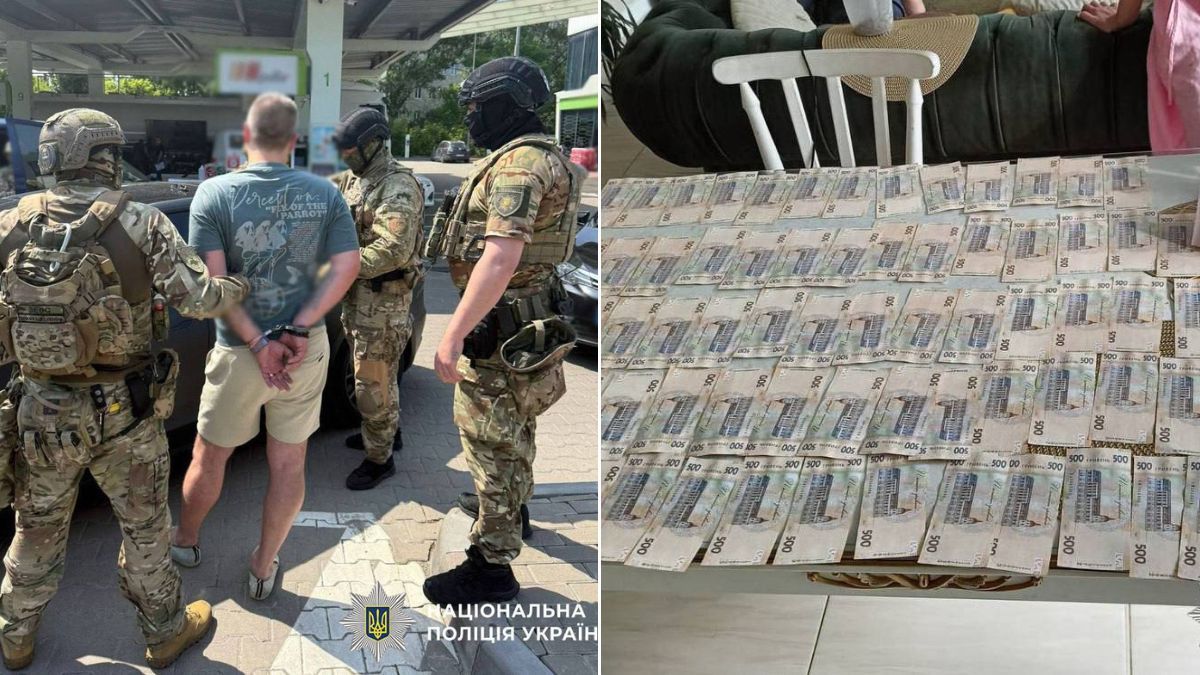 У столиці викрили схему: двох киян судитимуть за переправлення чоловіків за кордон за 13 тисяч євро зліва — затримання чоловіка озброєними правоохоронцями у формі та бронежилетах, справа — стіл, повністю заставлений грошима
