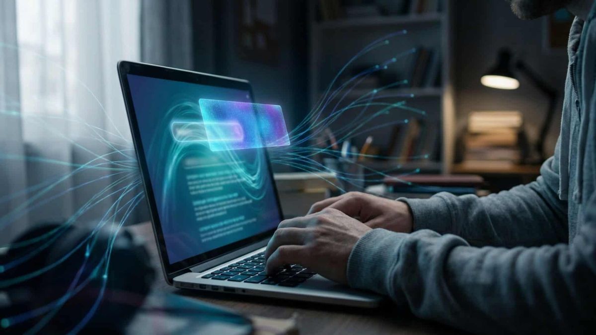 ШІ-відповіді Google з'являються у 43% пошуків Руки на клавіатурі ноутбука, над звичайними результатами пошуку світиться блок ШІ-відповіді — ілюстрація до матеріалу про Google AI Overviews