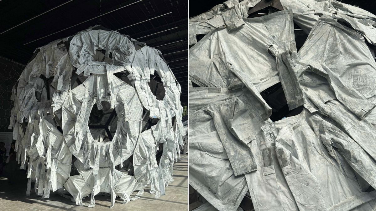 У Києві показують інсталяцію Ай Вейвея про війну та пошук миру Велика інсталяція у вигляді кулі, складеної з численних сірих захисних костюмів або комбінезонів, підвішена в просторому залі