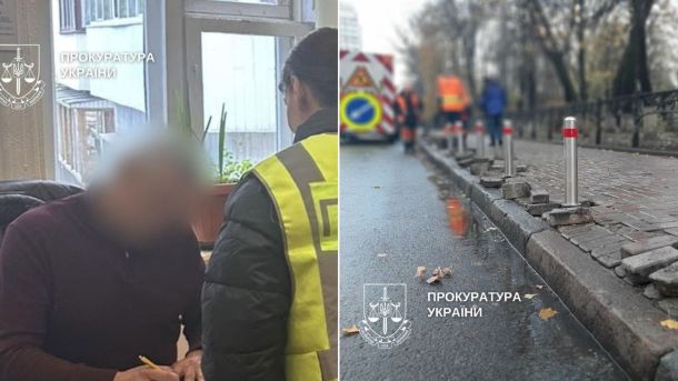 У Подільському районі Києва купили неякісні антипаркувальні стовпчики на 1,5 млн грн Чоловік підписує документи, поруч дорожні роботи зі встановлення стовпчиків