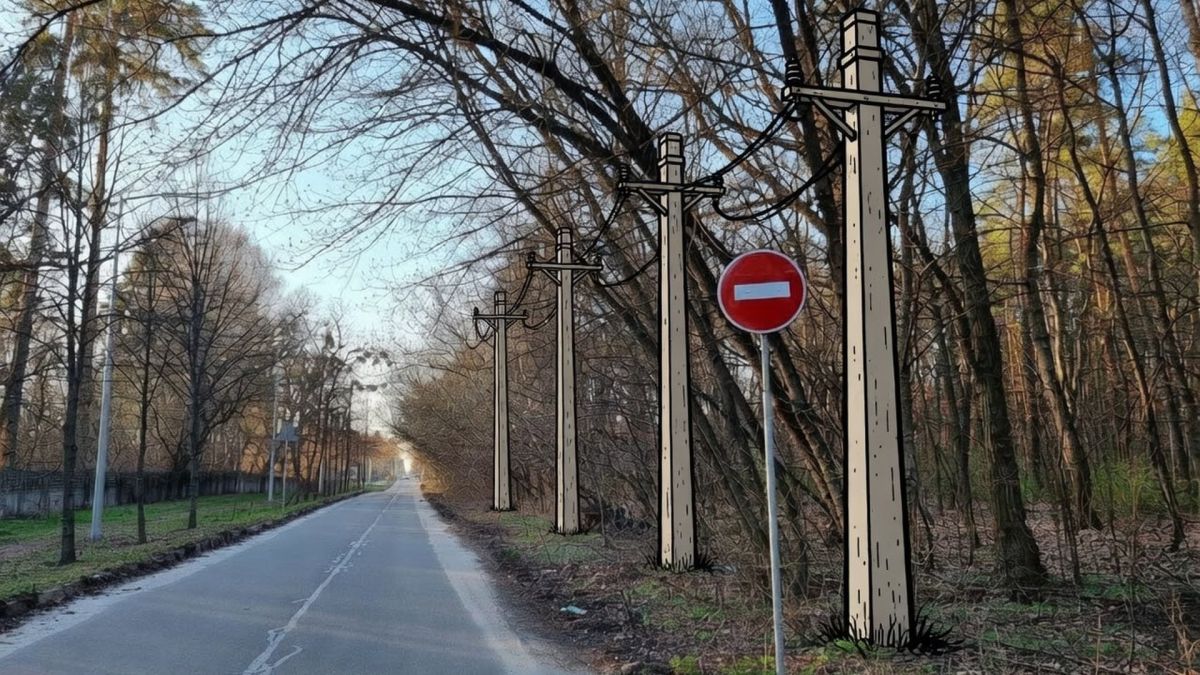 Пуща-Водиця: ЛЕП ДТЕК може знищити зелений тунель вул. Лісна Вулиця Лісна у Пущі-Водиці: зелений тунель із деревами та намальовані опори майбутньої лінії електропередач ДТЕК 0.4 вздовж дороги