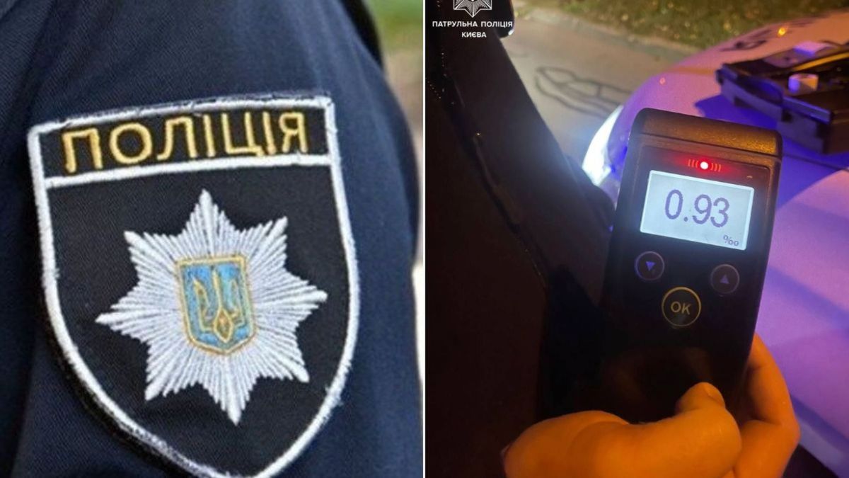 У Києві п’яна пара отримала понад 40 тисяч грн штрафу за поїздку в комендантську годину Шеврон поліції, поруч драгер із результатом 0.93‰