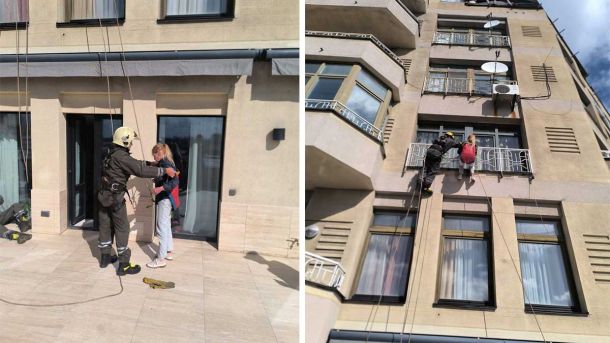 Жінку врятували з балкону 11 поверху в центрі Києва Жінку знімають з балкону 11-го поверху