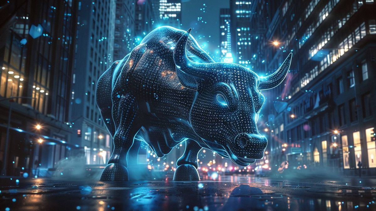 Morgan Stanley: ШІ у 2026 — $2,9 трлн на дата-центри і дефіцит електрики Масивний цифровий бик зі світлового коду на вулиці нічного мегаполісу — символ буму ШІ у 2026 році