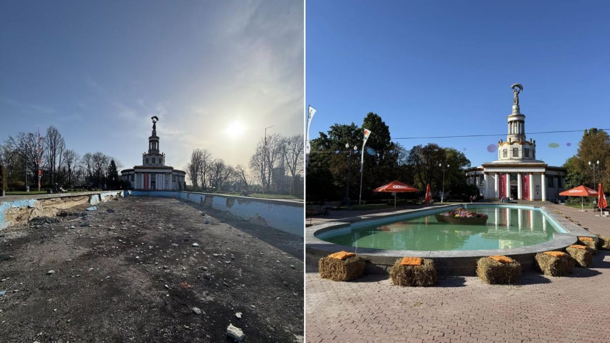 На ВДНГ у Києві відновили басейн, який не працював понад 10 років Ліворуч показано висохлий і занедбаний басейн, а праворуч — його відновлений вигляд