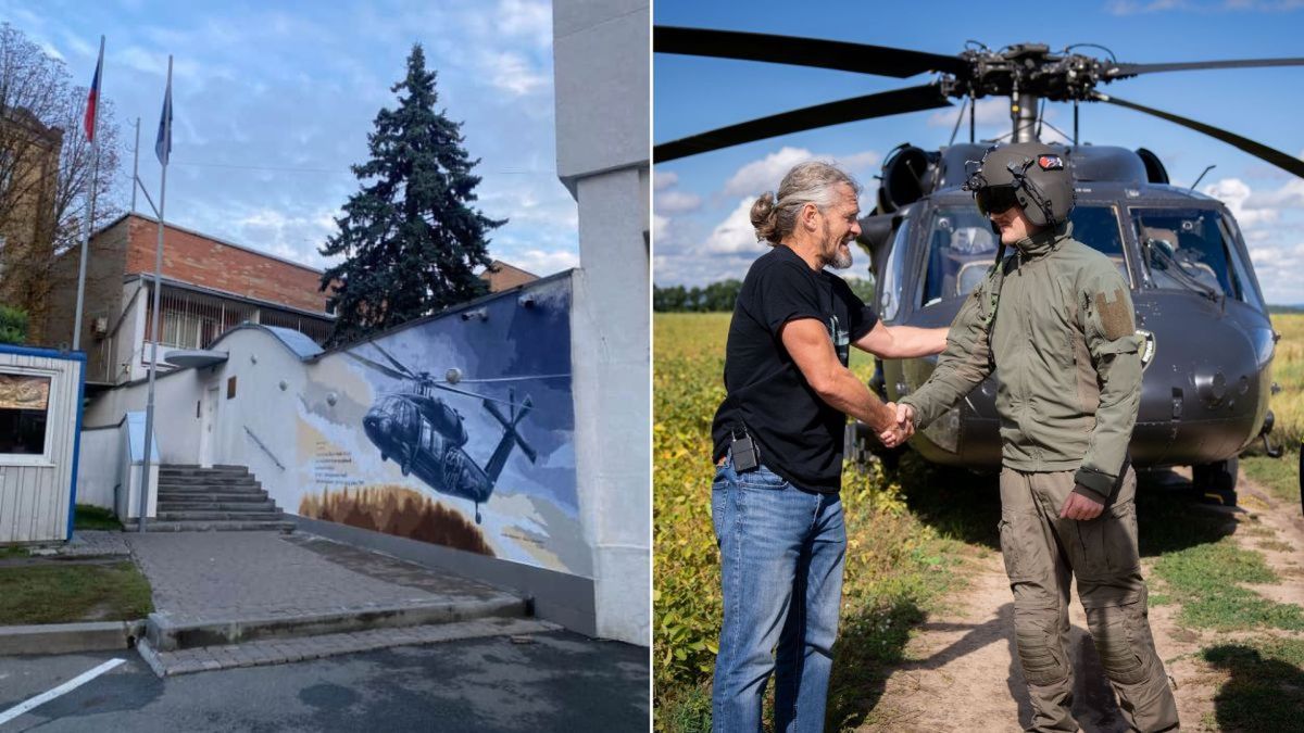 У Києві з’явився мурал із гелікоптером Black Hawk — подарунок чехів українській розвідці Будівля з муралом, що зображує гелікоптер у небі, поруч чоловік тисне руку військовому на фоні гелікоптера