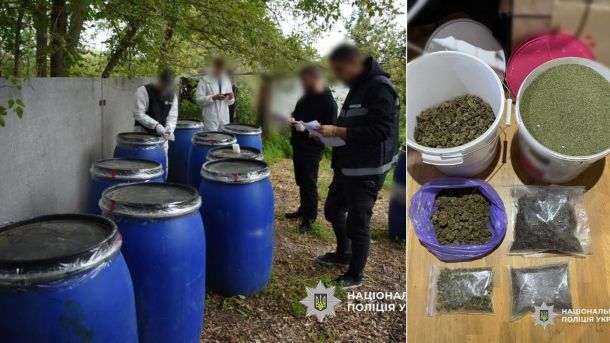 Начальника управління освіти Святошинської РДА судитимуть за збитковий ремонт шкільної вентиляції Правоохоронці біля кількох синіх пластикових бочок, праворуч вилучена марихуана у відрах, пакетах і мішках