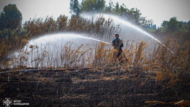Масштабна пожежа торфу у Броварському районі: рятувальники гасять 5 гектарів Рятувальник гасить пожежу торфу на відкритій території за допомогою пожежного шланга