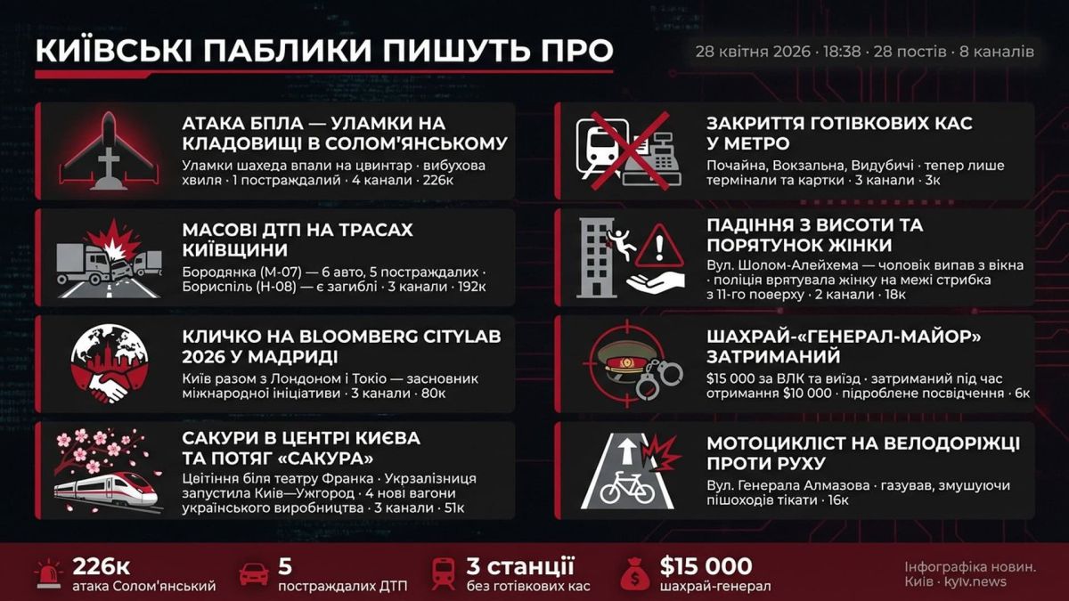 Київські паблики 28 квітня, 18:38: атака БПЛА, масові ДТП і закриття кас у метро Інфографіка київських пабліків 28 квітня 2026: атака БПЛА на Солом'янський, ДТП на Київщині, закриття кас у метро, Кличко у Мадриді