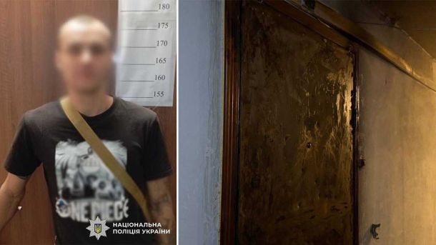 У Києві затримали чоловіка, який напав на музиканта за відмову співати російською Затуманене фото затриманого в поліції чоловіка біля стін з вимірювальними мітками, що свідчить про його затримання, на фоні залиті водою двері та пошкоджена стіна, ймовірно, у зв'язку з кримінальним розслідуванням у Києві.