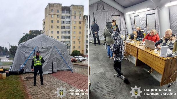 Славутич після атаки РФ: більшість споживачів досі без світла На вулиці стоїть великий сірий намет, біля входу чергує поліцейський, усередині намету працюють люди