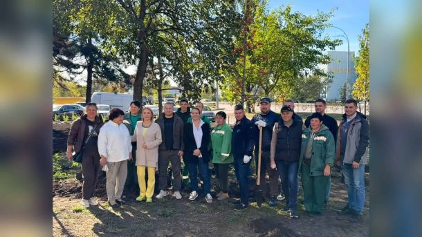 Сквер в Оболонському р-ні озеленили на місці знесених МАФів Учасники толоки біля висаджених дерев і кущів у сквері на вулиці Героїв полку «Азов», 9 в Оболонському р-ні Києва