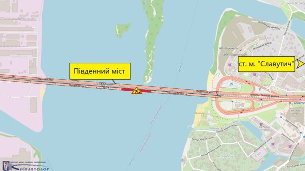 16–17 травня в Києві обмежать рух через благодійний марафон Схема обмеження руху на Південному мосту у Києві з 15 по 18 травня 2026 — ділянка ремонту асфальтового покриття позначена на карті між Голосіївським та Дарницьким районами