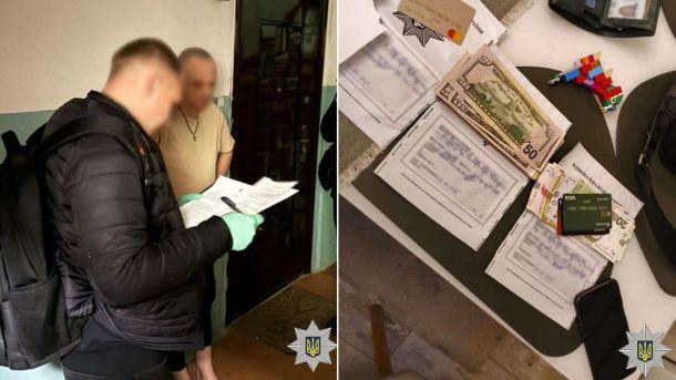 На Київщині викрито поліцейського, який вимагав 25 тисяч доларів за «кришування» бізнесу Обшук у квартирі, де правоохоронці документують злочин; на столі видно грошові купюри