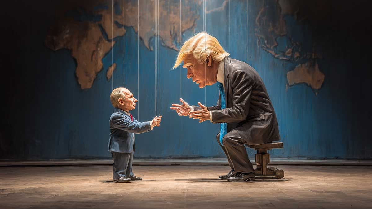 Як вплине 80-та Генасамблея ООН на війну в Україні: ключові зустрічі та виклики Маріонетки Трамп і Путін на фоні мапи світу. Карикатура