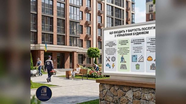 Що входить у тариф на управління будинком: розбір РМБО з Оболоні Ілюстрація РМБО: інформаційний стенд біля багатоповерхівки з переліком послуг у тарифі на управління будинком