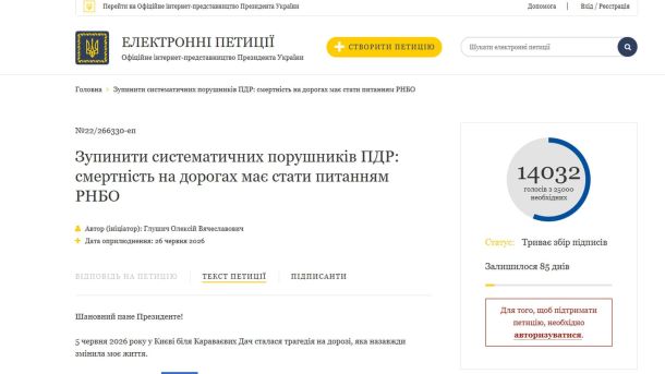 Чому на озерах Кирилівське та Йорданське заборонили купатися Скріншот сторінки електронної петиції №22/266330-еп Олексія Глушича до Президента України про смертність на дорогах, станом на 4 липня 2026 року
