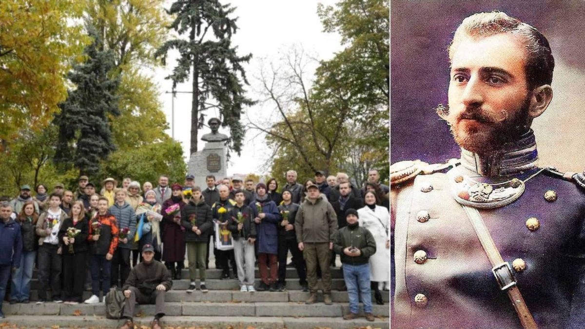 У Києві вшанували пам'ять полководця Армії УНР Петра Болбочана Колаж із групового фото людей біля пам'ятника в парку та портрета військового в мундирі