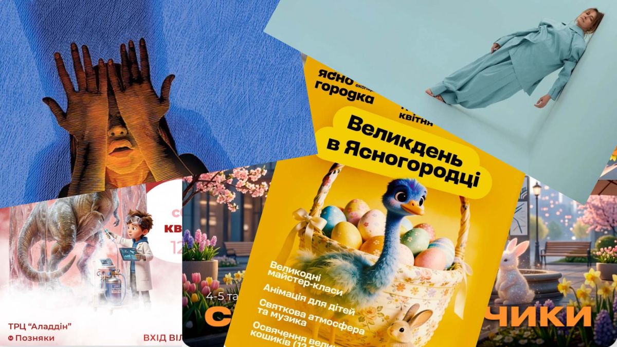 Великодні заходи для дітей та дорослих у Києві 11–12 квітня: 8 подій Колаж афіш подій у Києві 11–12 квітня 2026: кріо-шоу, вистава «Макбет», квест «Сонячні зайчики», Великдень у Ясногородці та моновистава Кравець