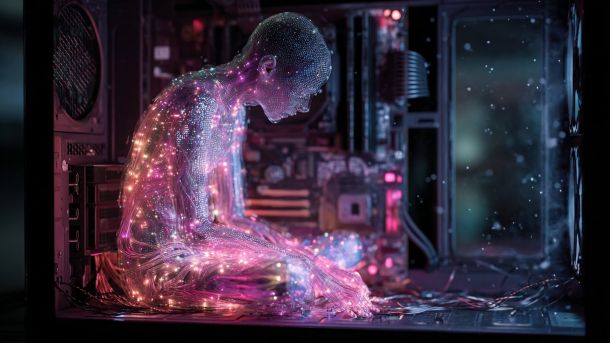 Claude чи відкритий ШІ: 4 кейси для київського бізнесу Цифрова AI-сутність, зіткана зі світлових потоків, сидить всередині комп'ютерного корпусу — ілюстрація до релізу Gemma 4 від Google