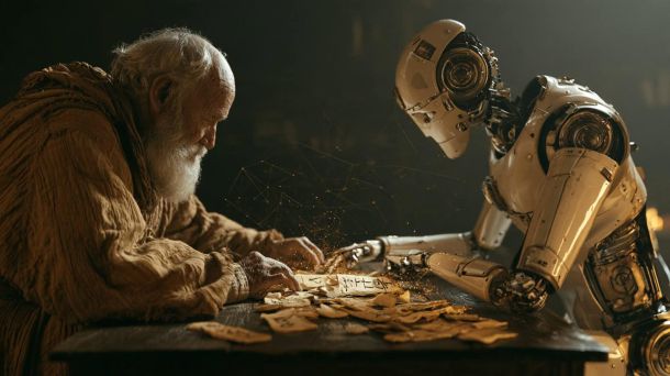 Ворожіння на кістках і штучний інтелект: що їх ріднить Старий у балахоні розглядає уламки з написами поруч із людиноподібним роботом — ілюстрація до статті про ворожіння на кістках і штучний інтелект