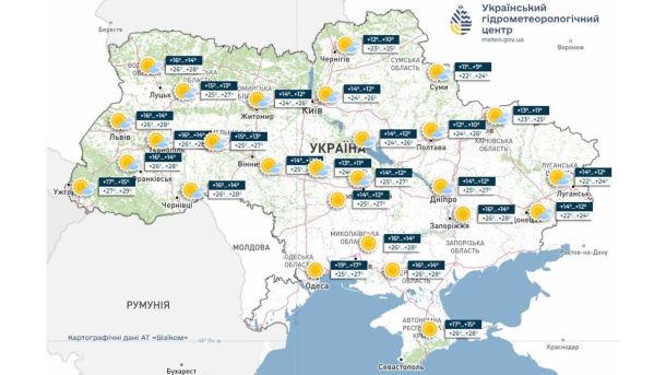 Погода у Києві та області 6 вересня: сонячно та до +26° Теплова карта України з прогнозом погоди, показує температуру та сонячну погоду у різних регіонах, включаючи Київ, Львів, Одесу та інші міста.