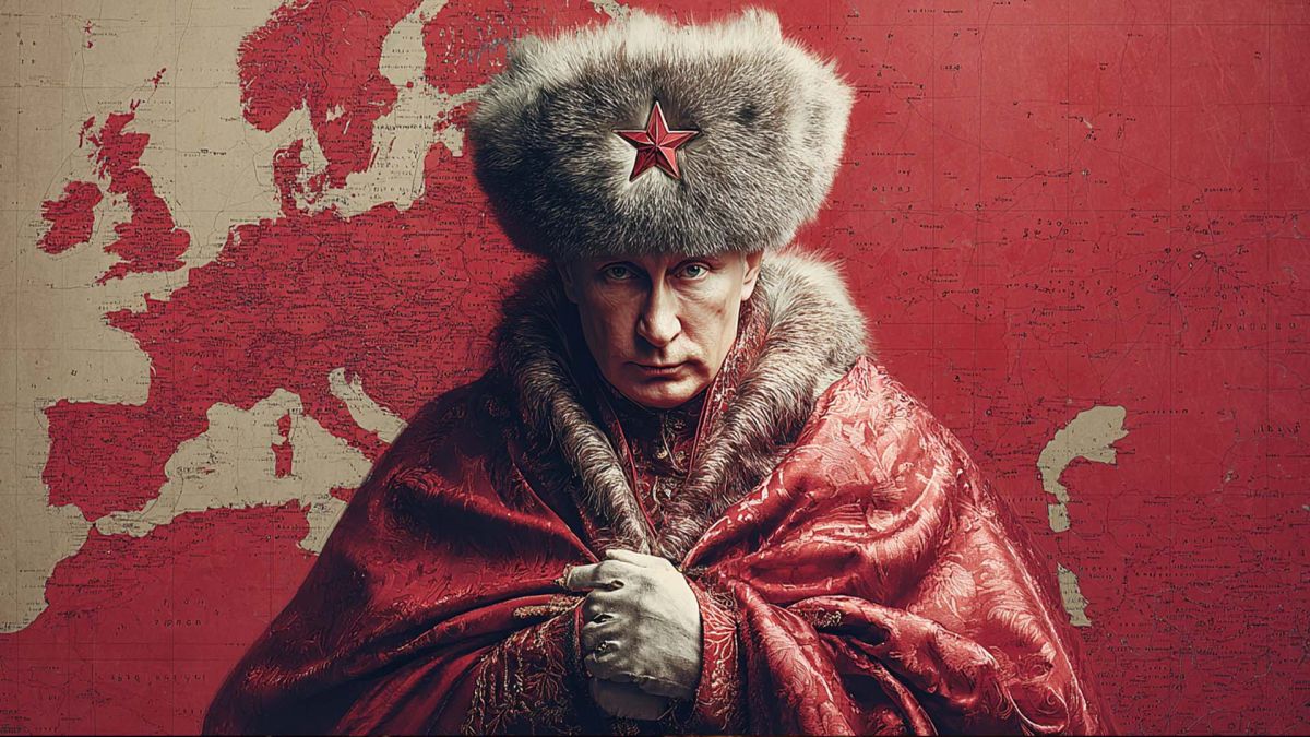 Історикиня Франсуаза Том: Путін прагне гегемонії над Європою Путін в червоній накидці та хутровій шапці з червоною зіркою, на фоні червоної мапи