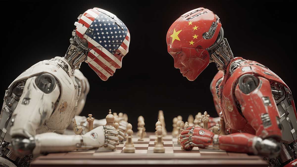 Як змінюється AI-розробка у 2025: три головні тренди два роботи китайський і американський над шахівницею