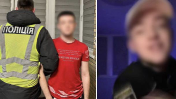 Мужеловський парк в Ірпені: 4 гектари, які відстояла громада Поліцейський в жовтому жилеті тримає під руки підозрюваного чоловіка в червоній футболці, обличчя заблюрене